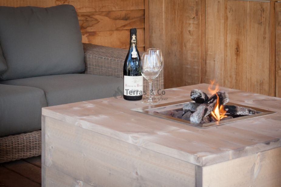 Feuertisch – Holz – Hocker Modell – Rechteck mit Gaskamin – 120×80 cm