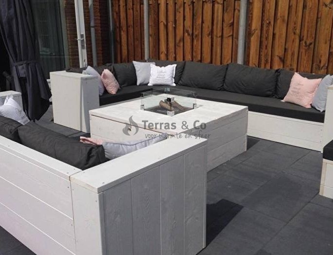 Feuertisch Holz | Hocker Modell | Quadratisch mit Gaskamin -| Terras & Co