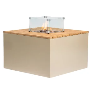 Easyfires cube vuurtafel sandy beige - met glasombouw en brandende haard