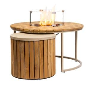 Enjoyfires | Feuertisch Roundi | Teakholz & Sand-Aluminium | 90 cm Ø