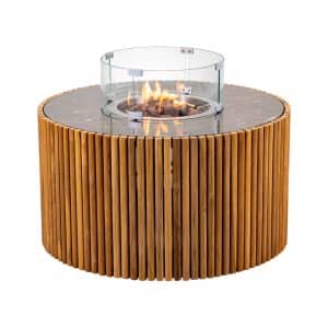 Enjoyfires | Feuertisch Ibiza | Braune Keramik und Teakholz | Ø90 cm